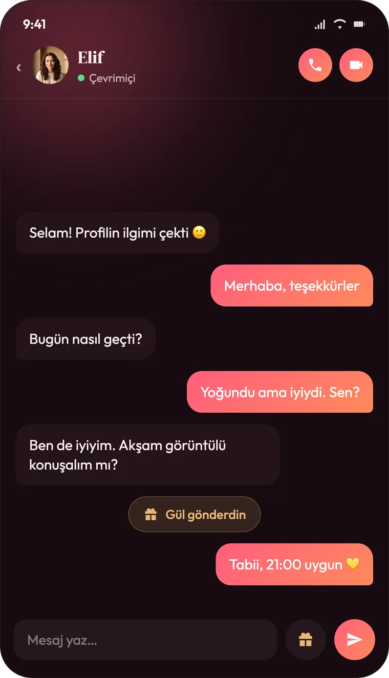 Sohbet ekranı: anlık mesajlar ve hediye gönderme butonu