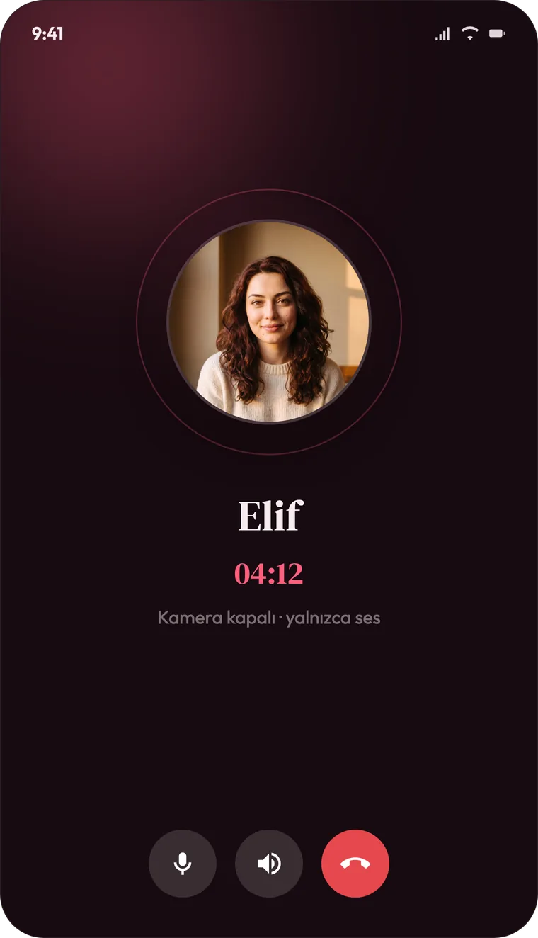 Sesli arama ekranı: profil fotoğrafı, süre ve mikrofon kontrolleri